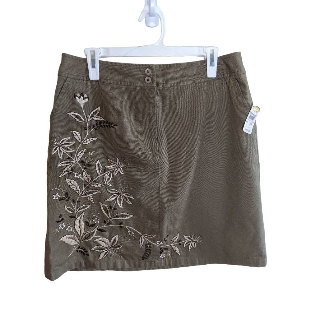 Talbots Khaki A-Line Skirt with Leaf Embroidery